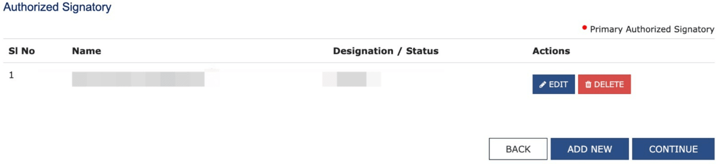 Open the Authorised Signatory tab to view existing details then click Add New to add details=
