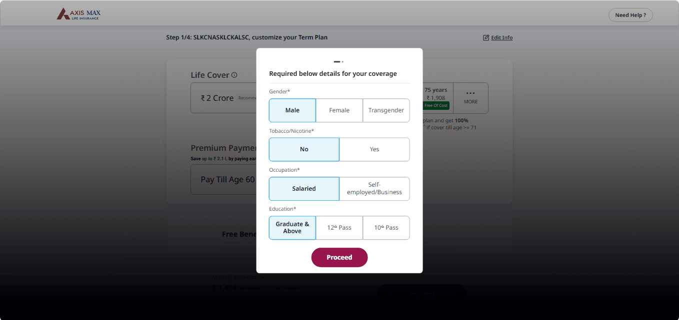step 2 - Select your gender, lifestyle habit, occupation, education, marital status etc